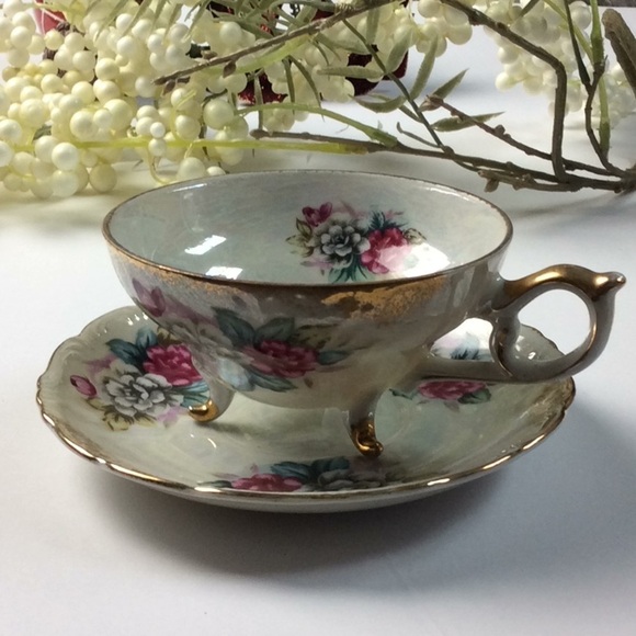 Tea Cup & Saucer Pearl Iridescent Tri-Footed Japan - Picture 8 of 15